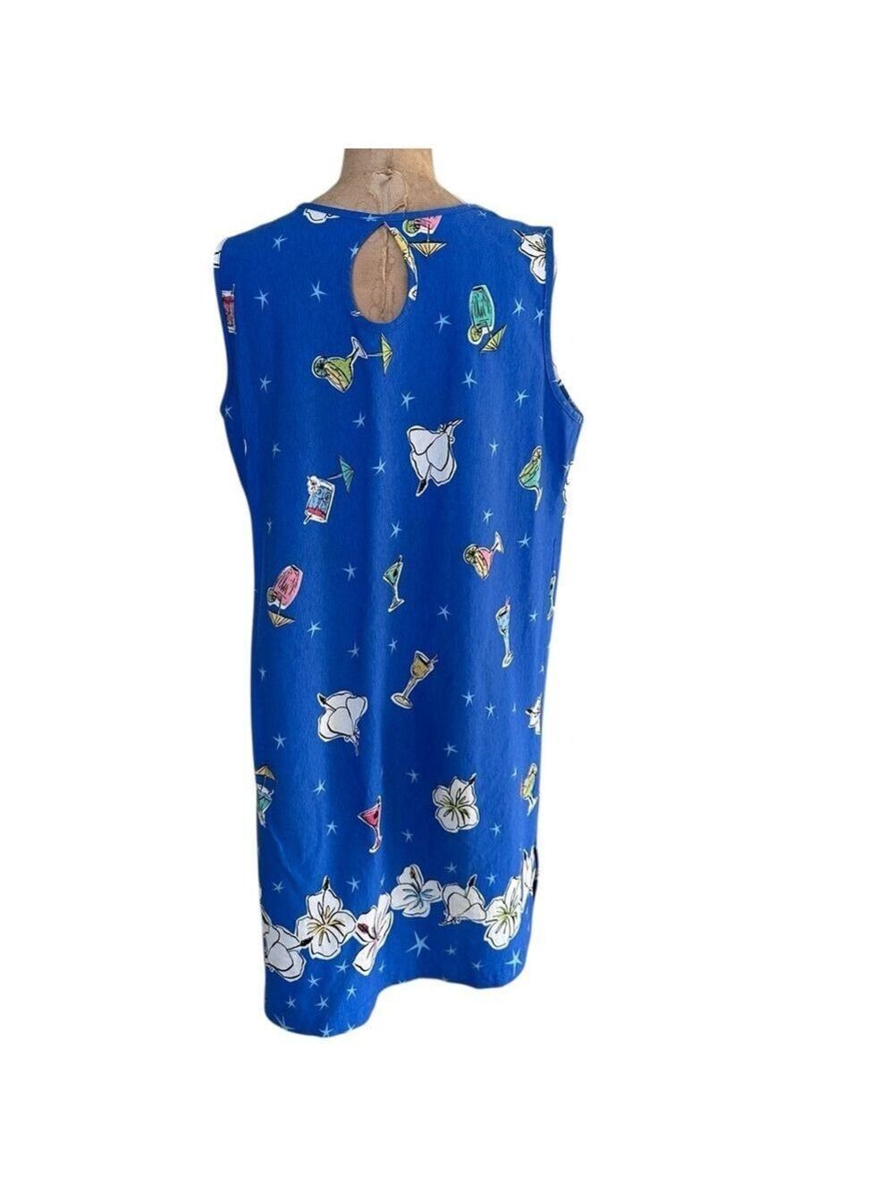 Dee California Vintage Blue Floral/Cocktails Women's Shift Dress Cotton Size XL - Picture 3 of 7